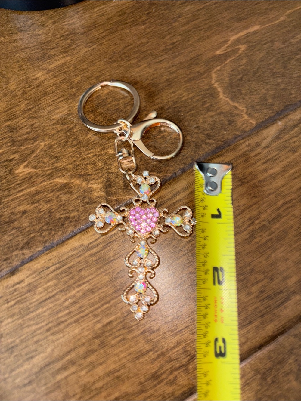 Gold Crystal Cross Keychain with Pink Heart - Picture 4 of 5